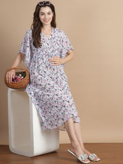 White Floral Georgette Maternity Swimwear Kaftan