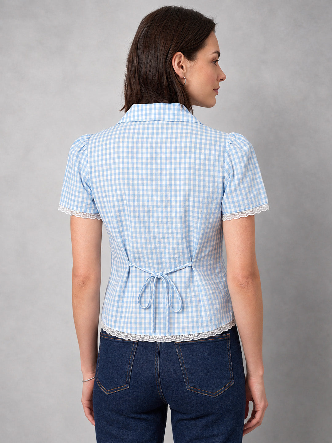 amoha by Secret Wish Blue Checkered Cotton Shirt Top