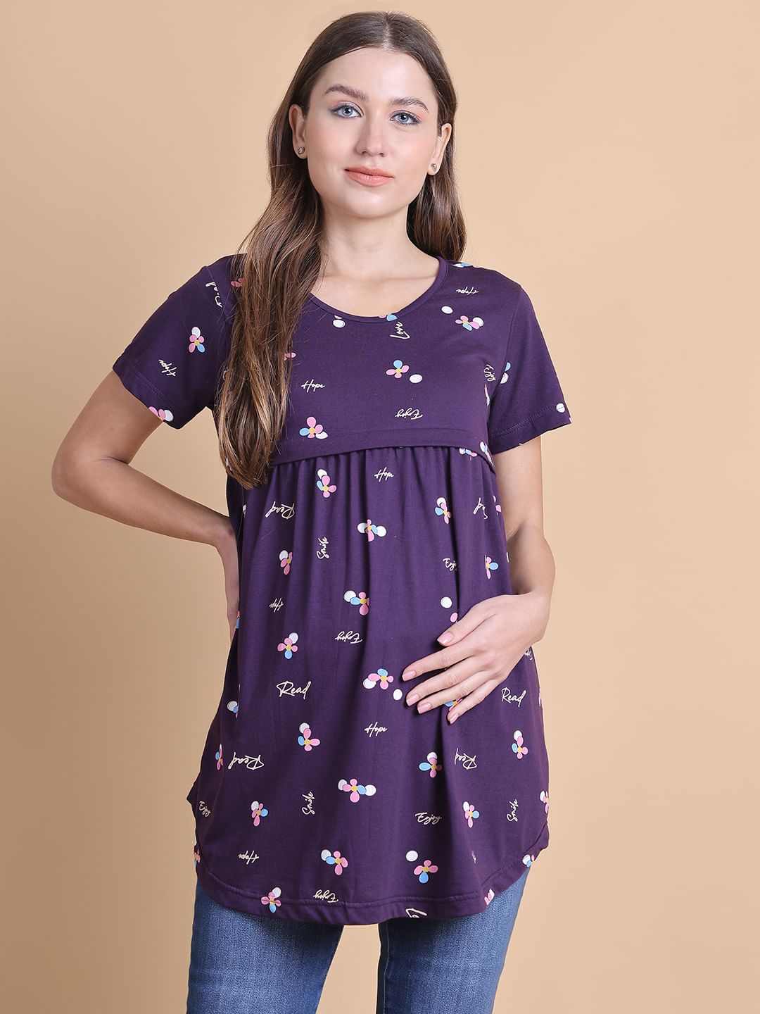 Secret Wish Purple Floral Hosiery Maternity Top