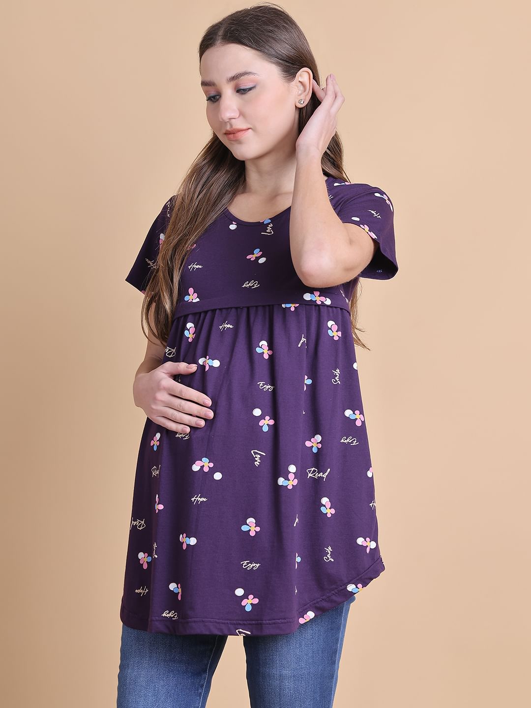 Secret Wish Purple Floral Hosiery Maternity Top