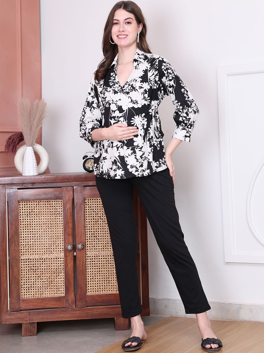 Secret Wish Floral Print Black Rayon Maternity Wrap Top