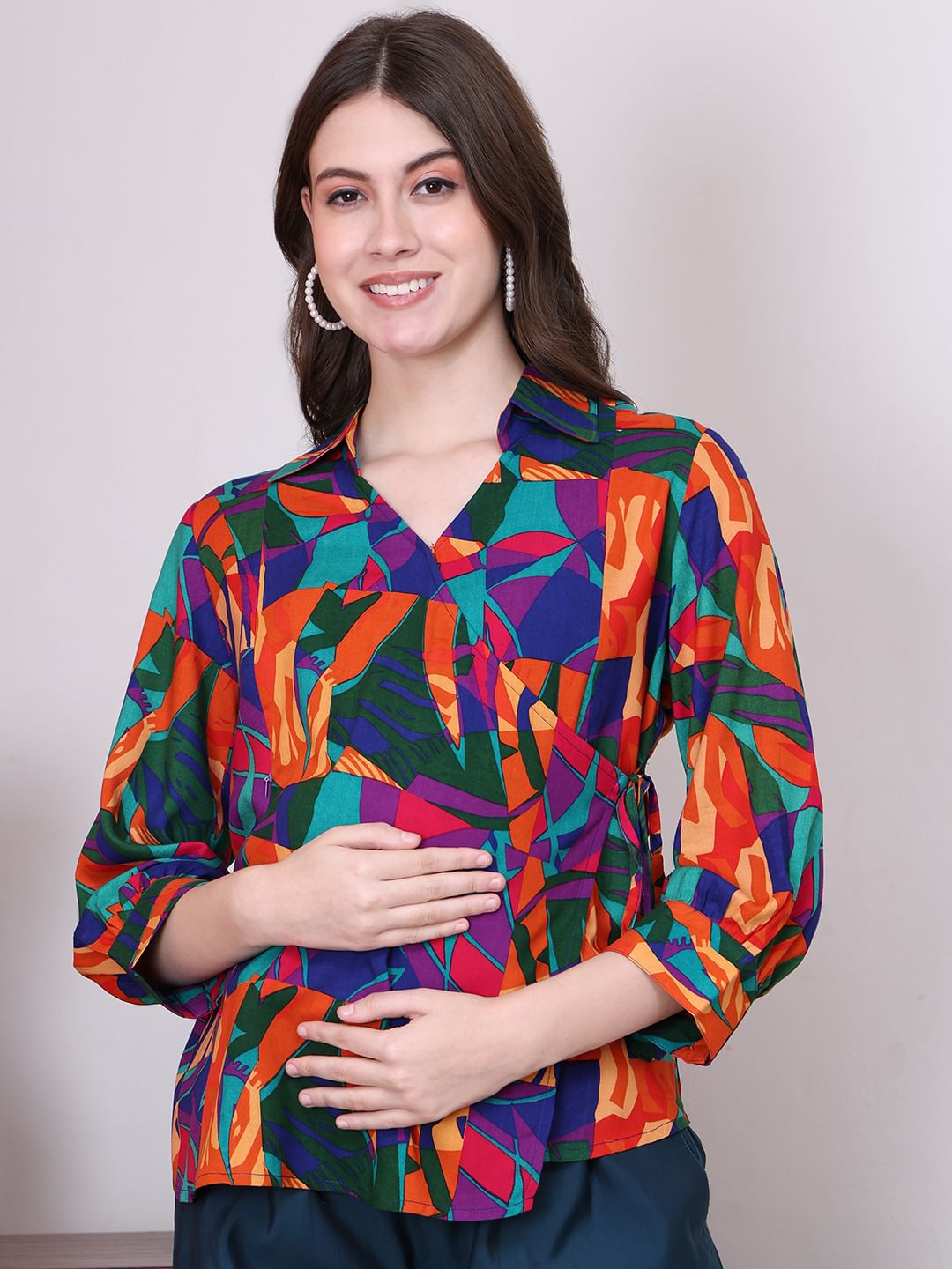 Abstract Print Multi Colour Rayon Maternity Wrap Top