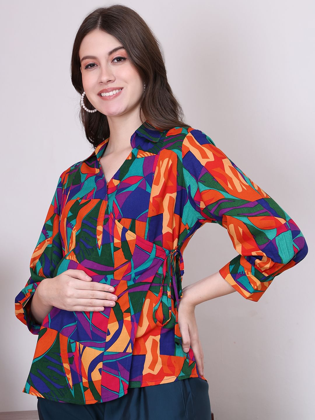 Abstract Print Multi Colour Rayon Maternity Wrap Top