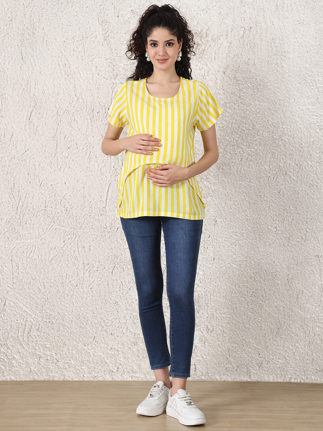 Secret Wish Yellow Striped Rayon Zipless Maternity Top