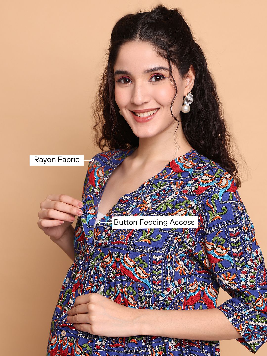 Navy Blue Geometric Rayon Maternity Tunic