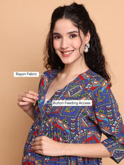 Navy Blue Geometric Rayon Maternity Tunic