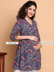 Navy Blue Geometric Rayon Maternity Tunic