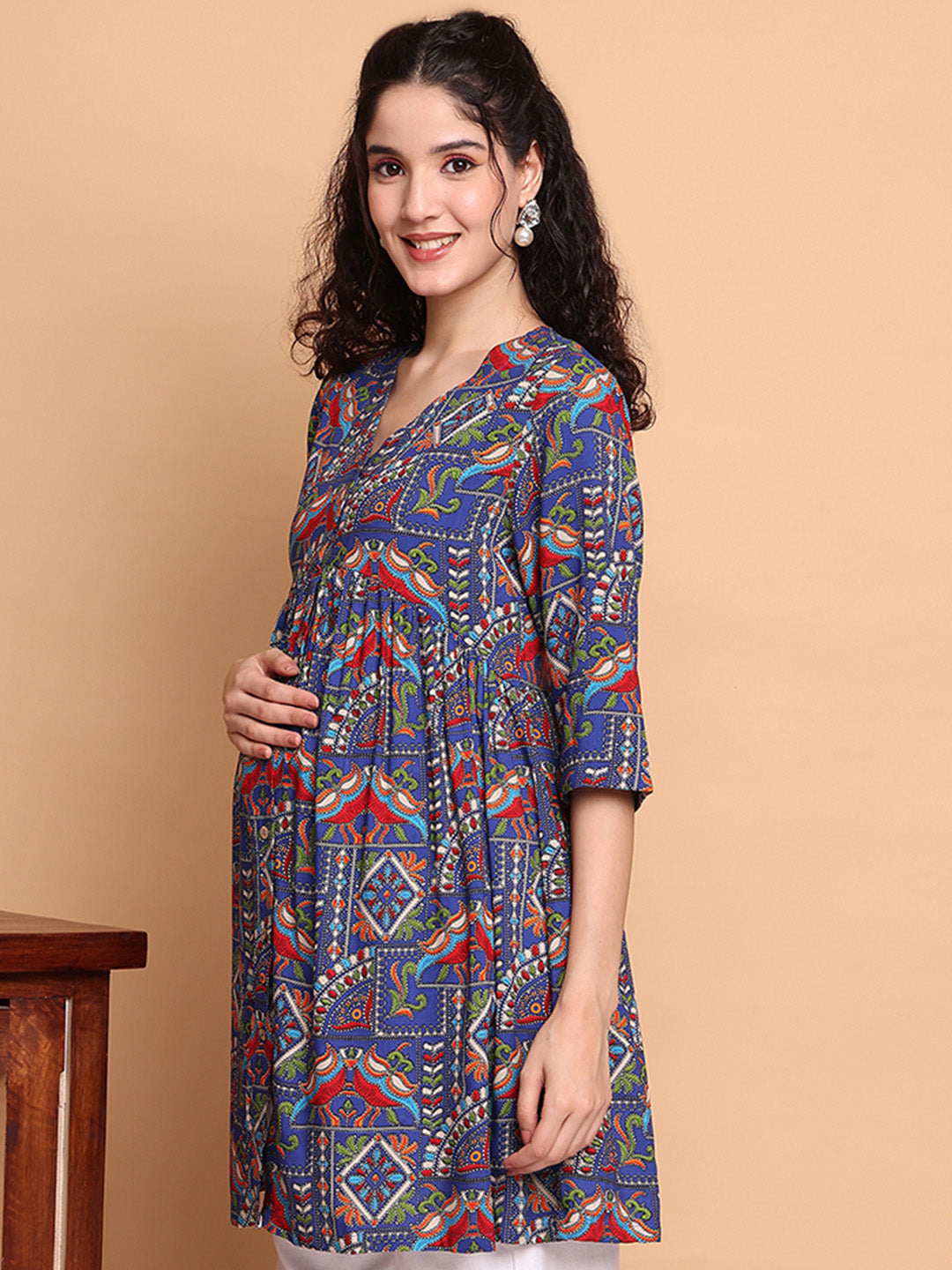 Navy Blue Geometric Rayon Maternity Tunic