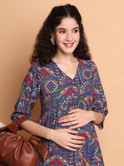 Navy Blue Geometric Rayon Maternity Tunic