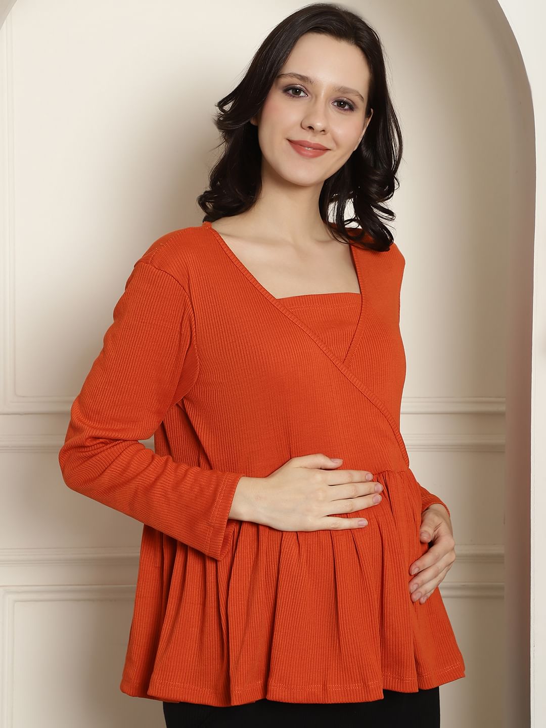 Orange Ribbed maternity nursing top