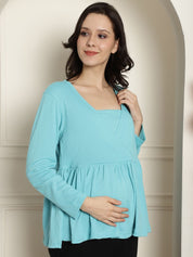 Sky Blue Ribbed maternity nursing top