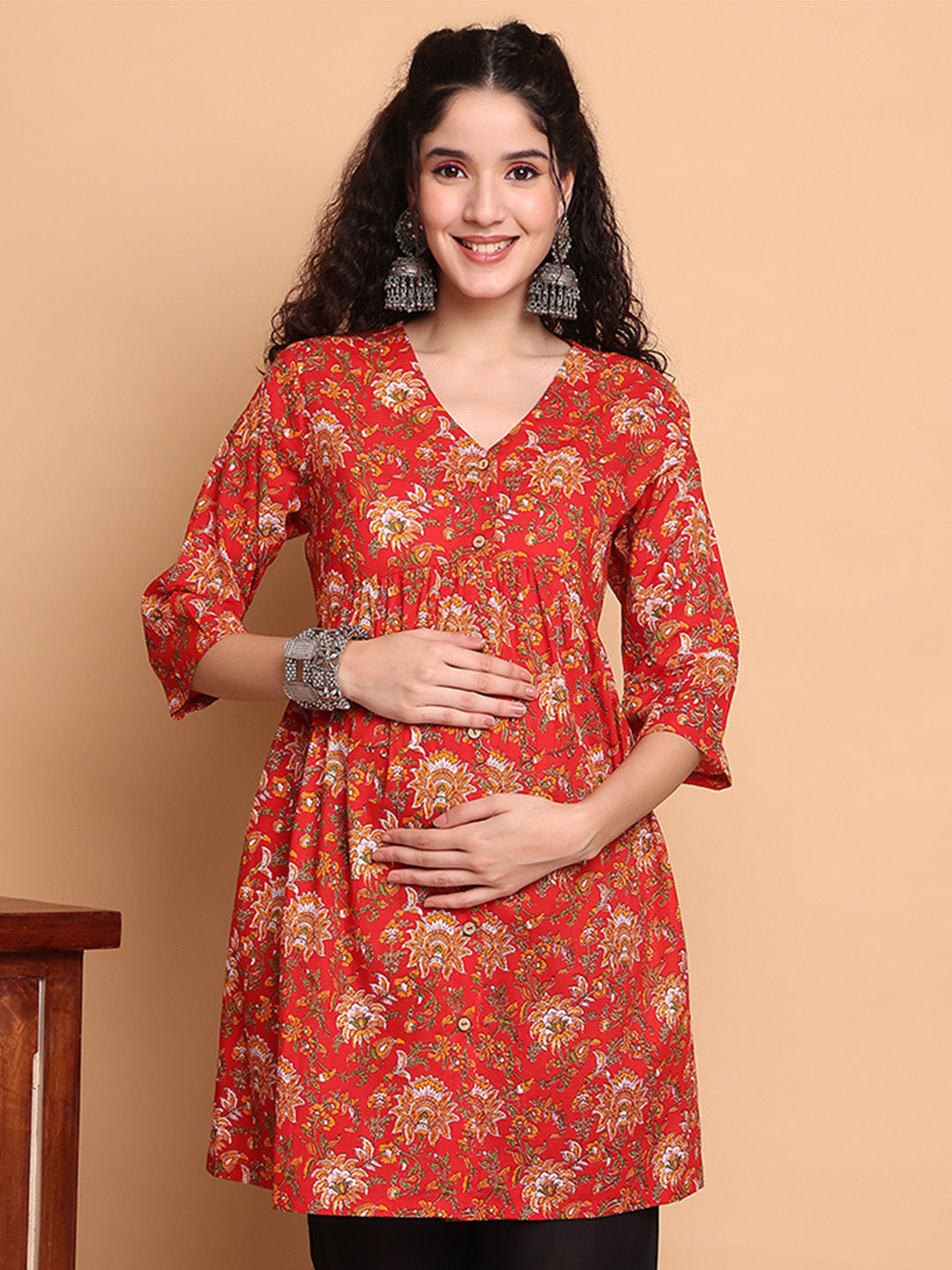 Red Floral Cotton Maternity Tunic