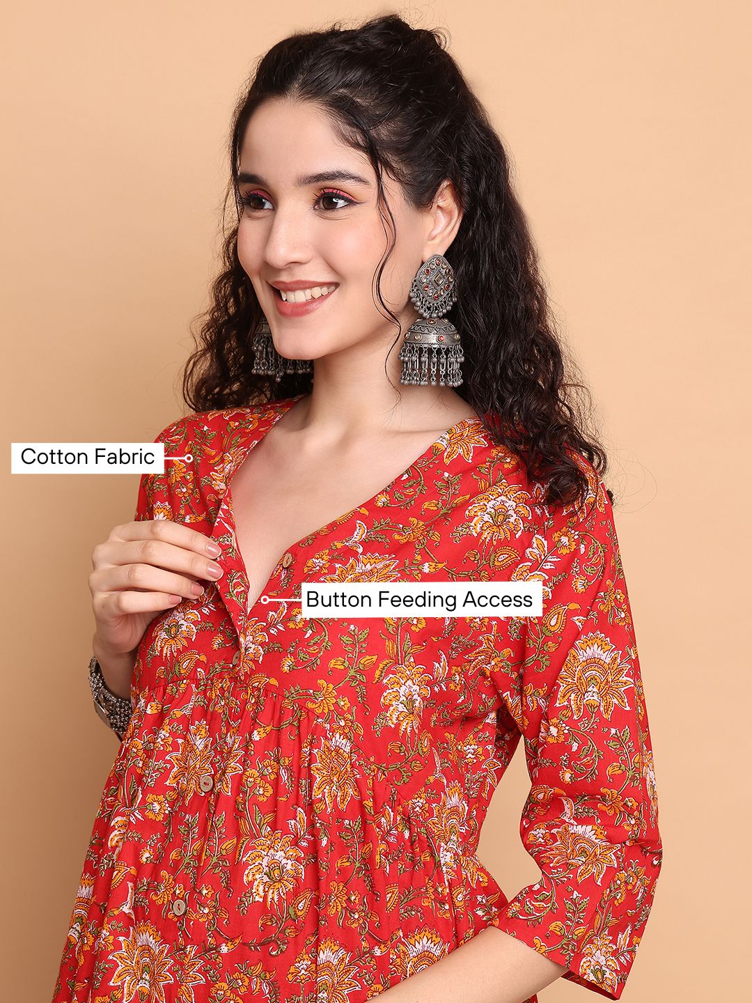 Red Floral Cotton Maternity Tunic