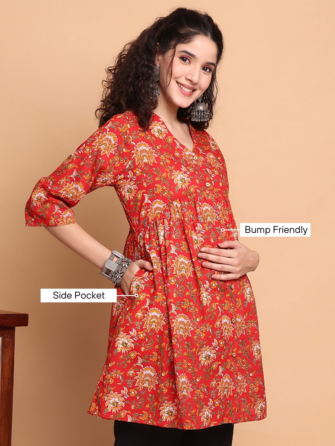 Red Floral Cotton Maternity Tunic