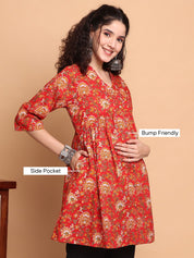 Red Floral Cotton Maternity Tunic