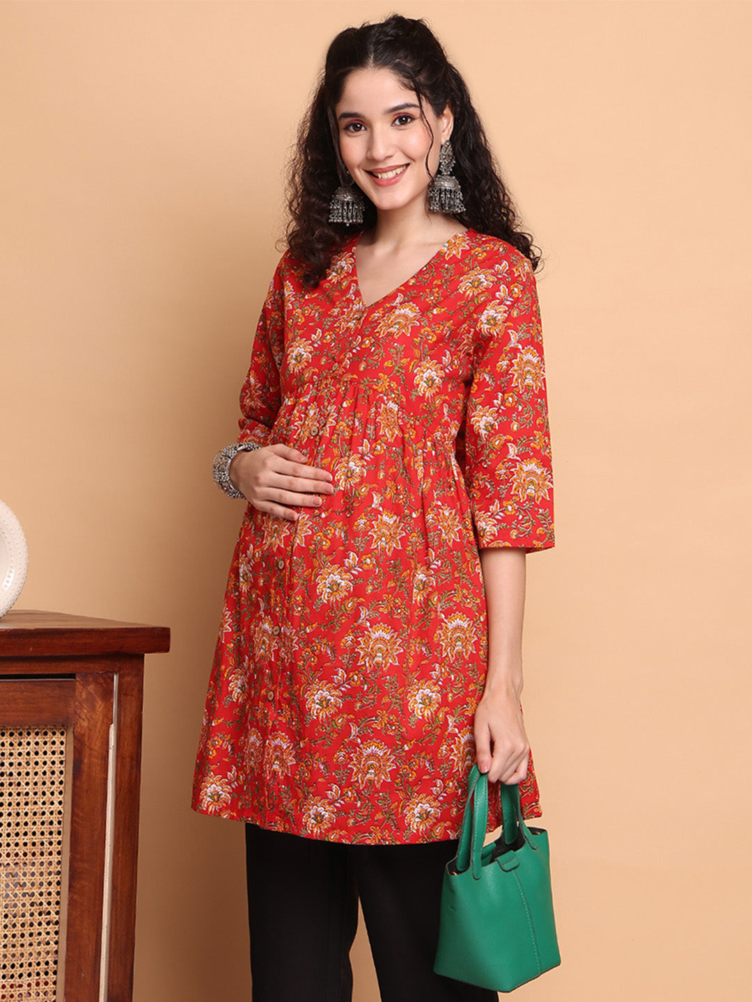 Red Floral Cotton Maternity Tunic