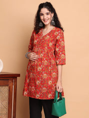 Red Floral Cotton Maternity Tunic