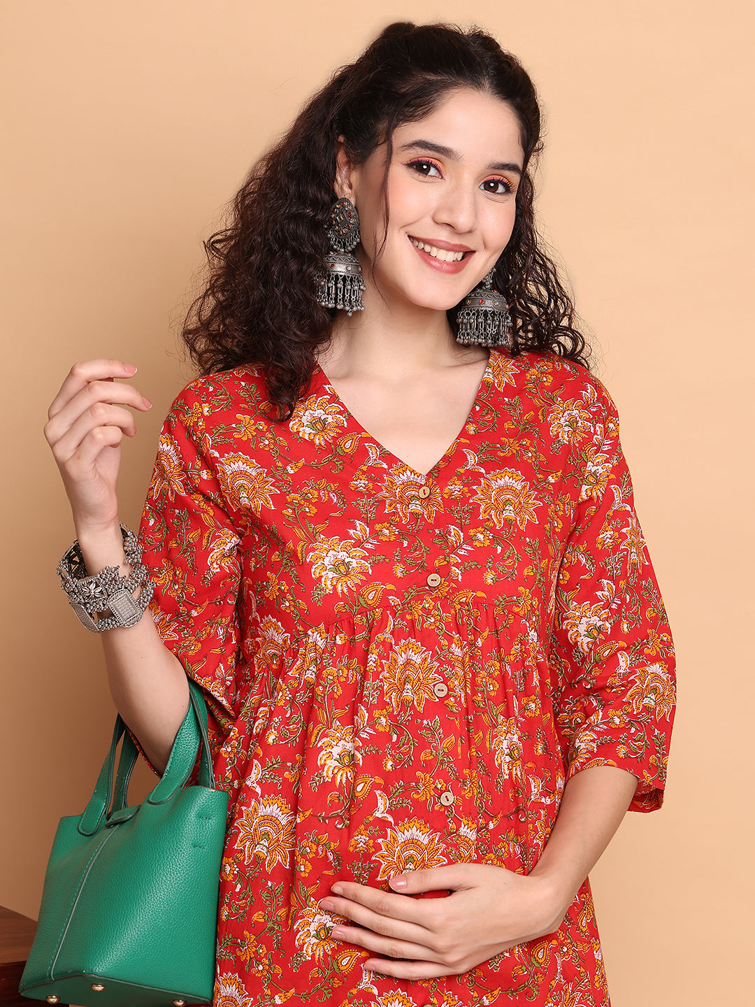 Red Floral Cotton Maternity Tunic