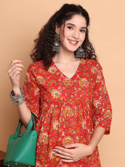 Red Floral Cotton Maternity Tunic