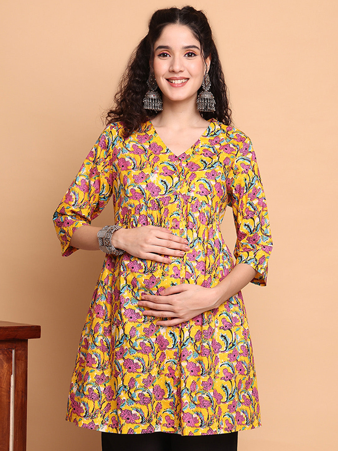 Yellow Floral Cotton Maternity Tunic