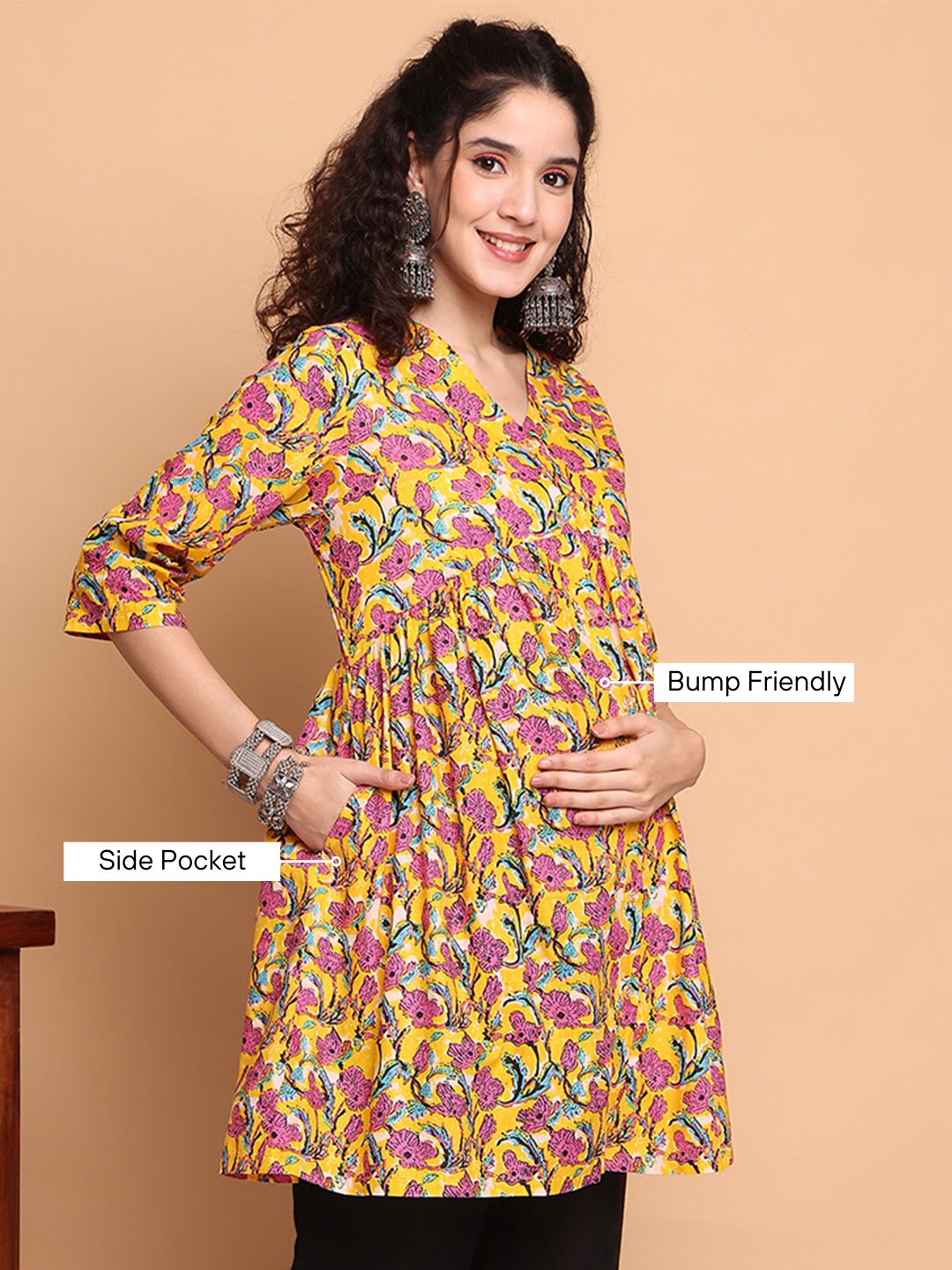 Yellow Floral Cotton Maternity Tunic