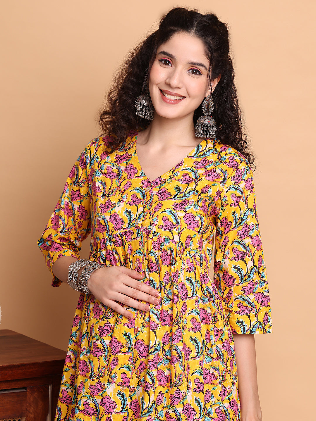 Yellow Floral Cotton Maternity Tunic