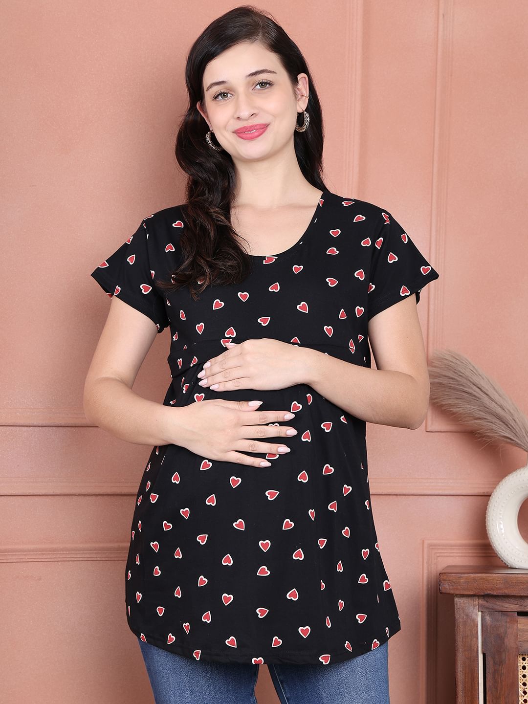 Secret Wish Black Printed Hosiery Maternity Nursing Top