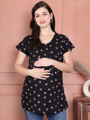 Secret Wish Black Printed Hosiery Maternity Nursing Top