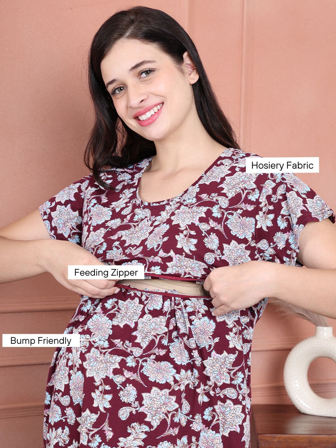 Secret Wish Maroon Floral Hosiery Maternity Nursing Top