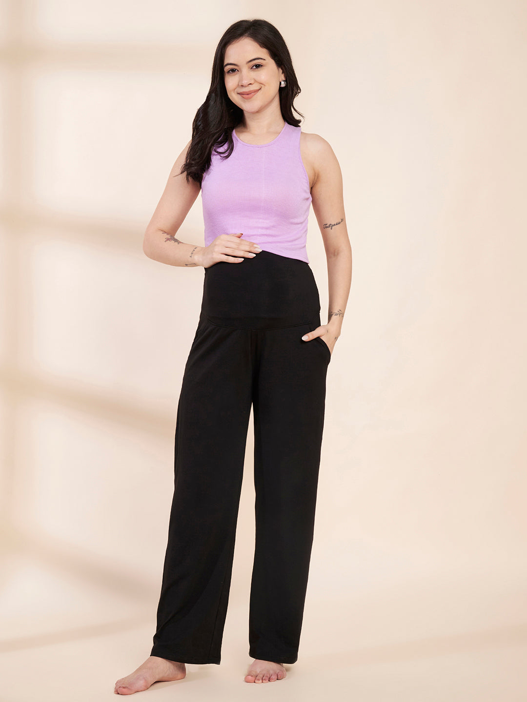 Black Soild Hosiery Maternity Track Pants