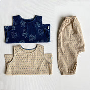 WHITEWATER KIDS UNISEX ORGANIC INDIGO ZOO JHABLA BAG - ZOO + RAIDANA JHABLA WITH RAI DANA  PANTS