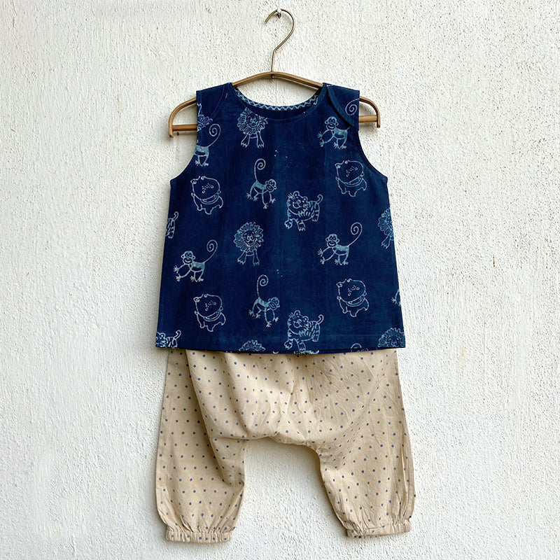 WHITEWATER KIDS UNISEX ORGANIC INDIGO ZOO JHABLA BAG - ZOO + RAIDANA JHABLA WITH RAI DANA  PANTS