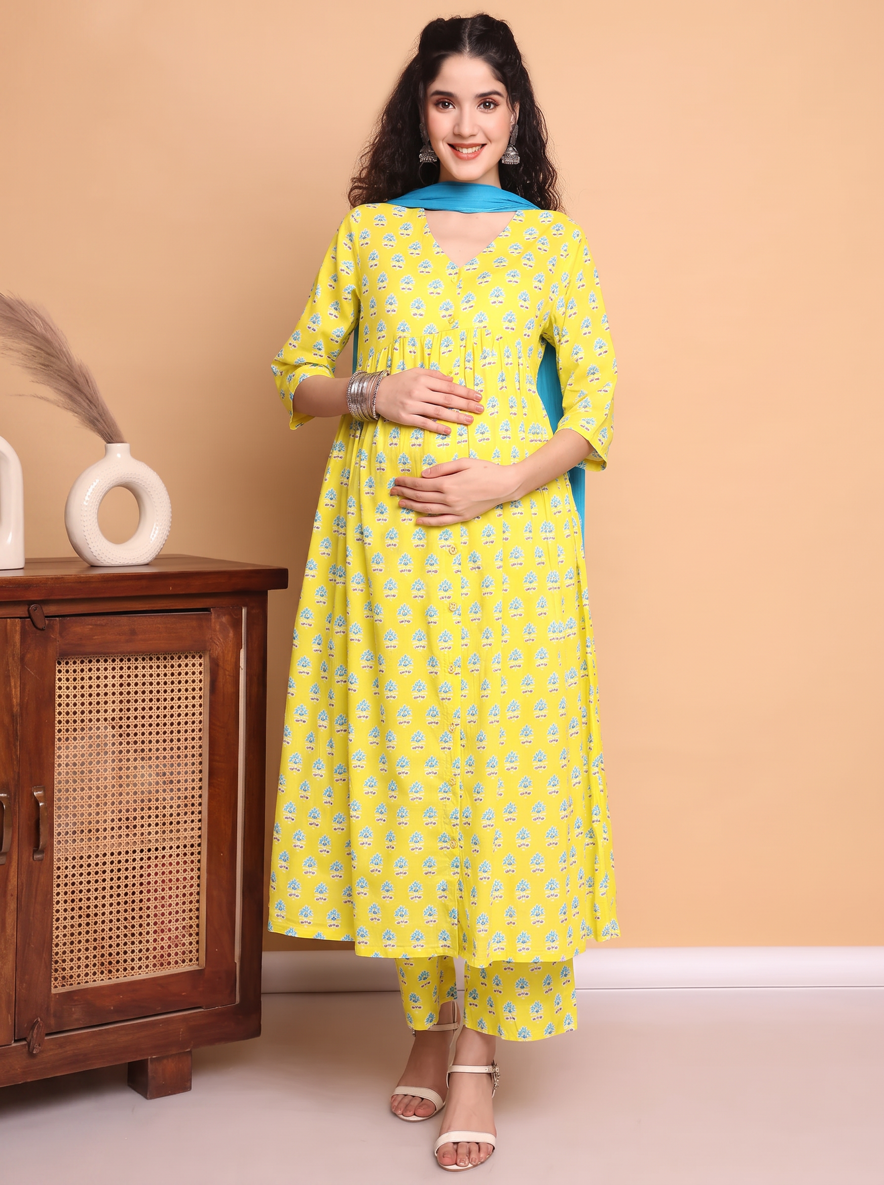 Amoha By Secret Wish Yellow Floral Cotton Maternity Kurta with Trouser and Dupatta