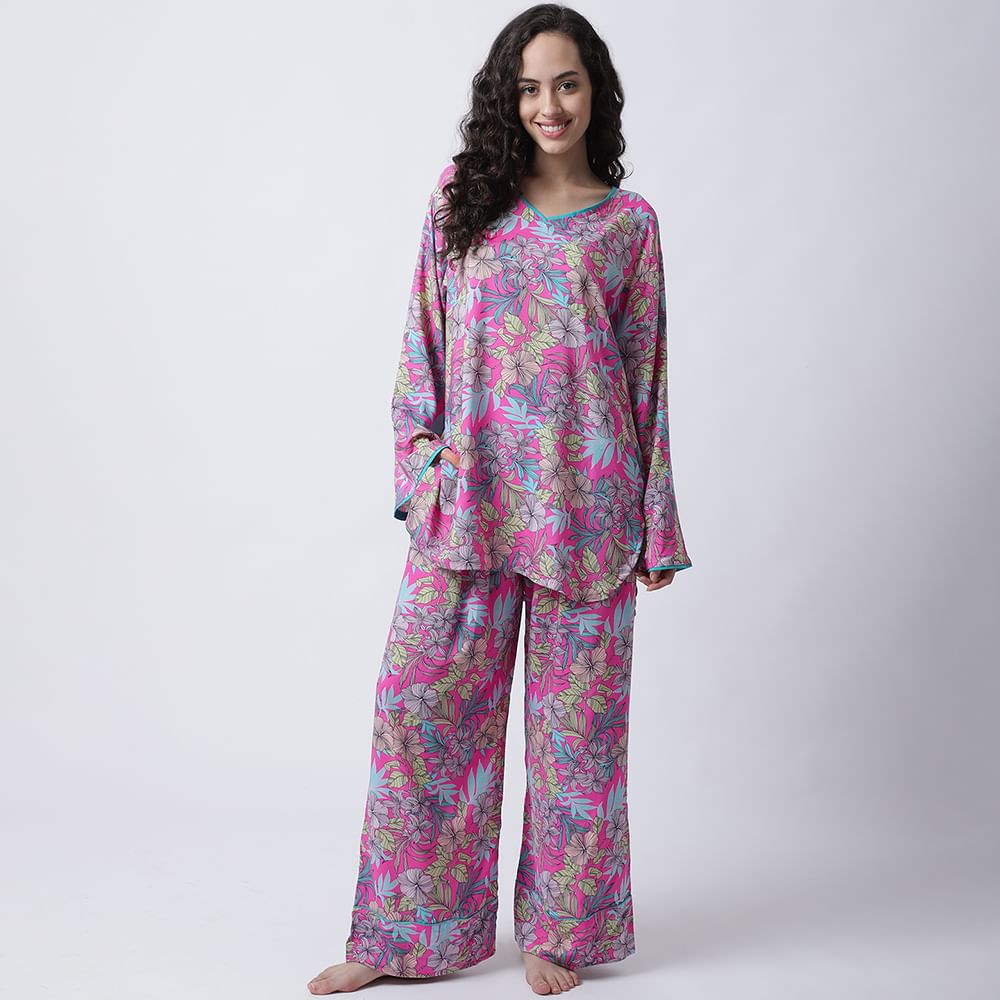 Rayon Pink Botanical Printed Night Suit set of Top & Pyjama trouser