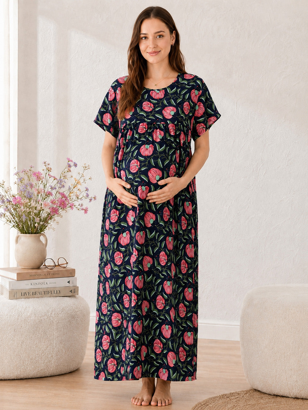 Printed Blue Cotton Maternity Nighty
