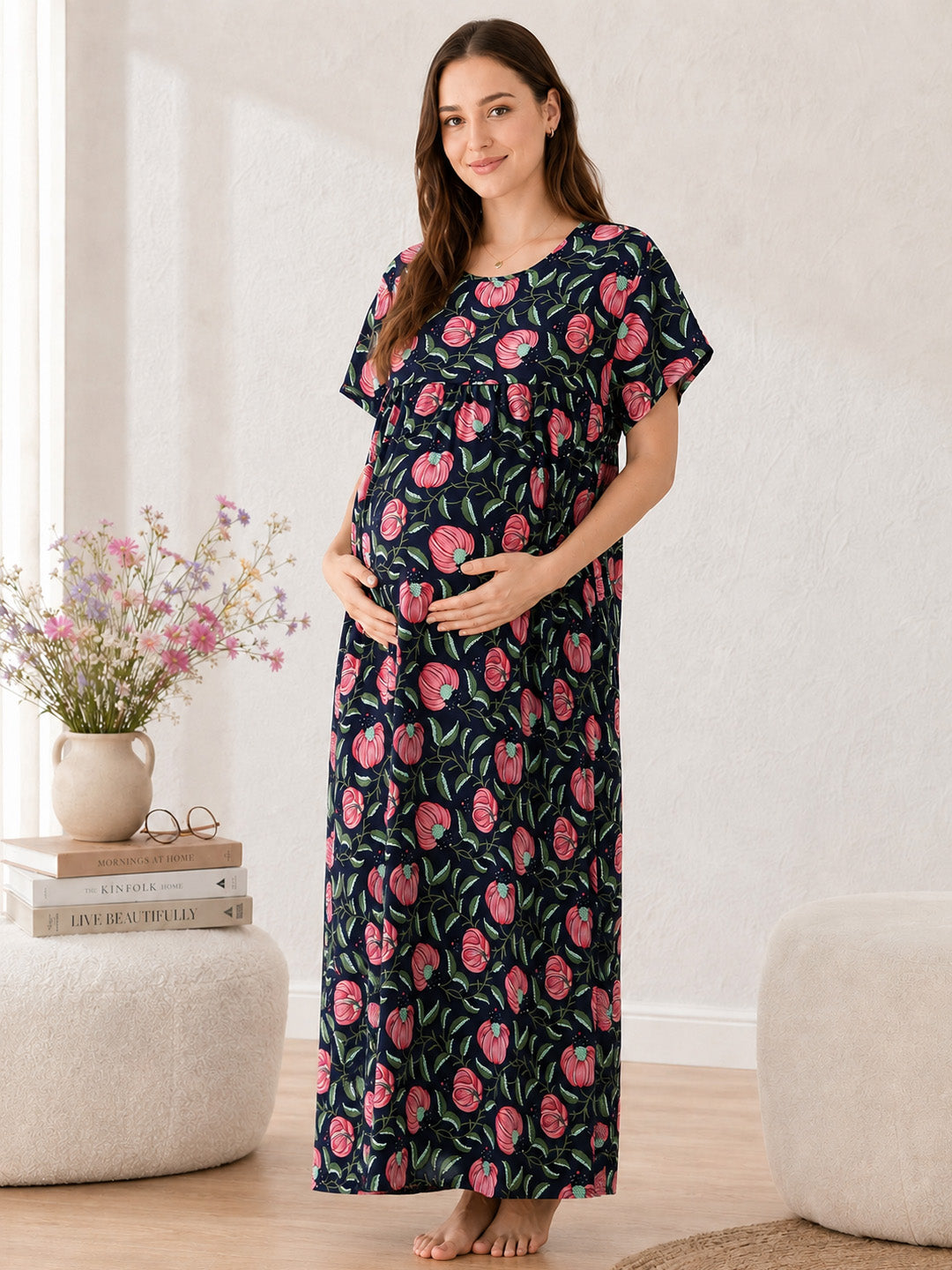 Printed Blue Cotton Maternity Nighty