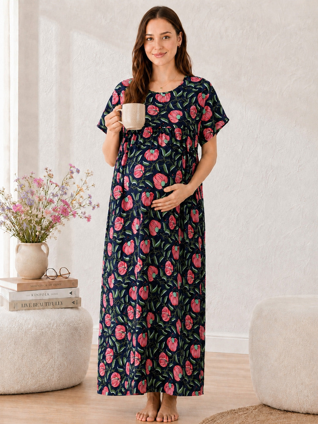 Printed Blue Cotton Maternity Nighty