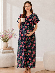 Printed Blue Cotton Maternity Nighty