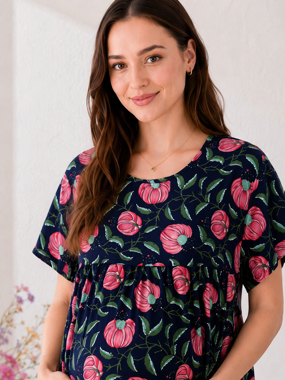 Printed Blue Cotton Maternity Nighty