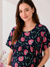 Printed Blue Cotton Maternity Nighty
