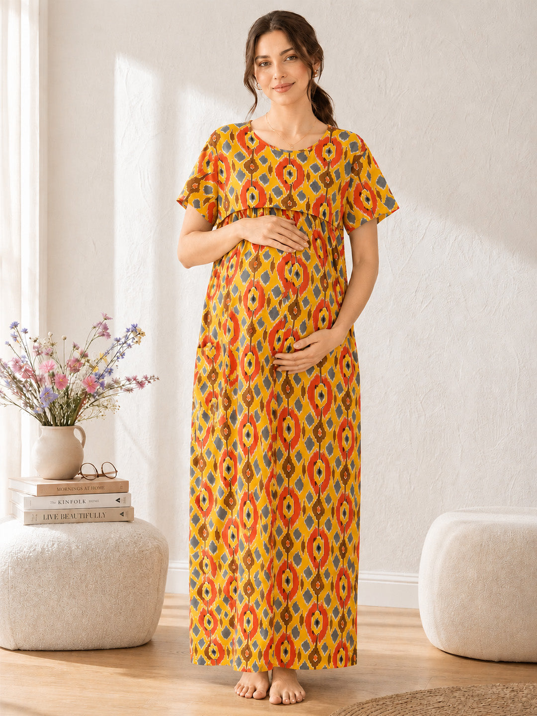 Geometric Print Yellow Cotton Maternity Nighty