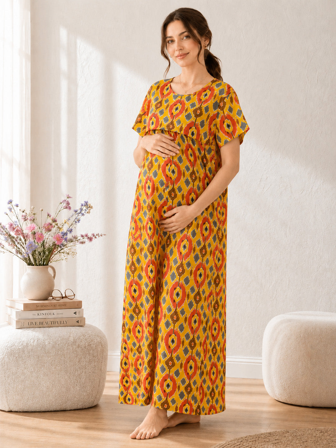 Geometric Print Yellow Cotton Maternity Nighty