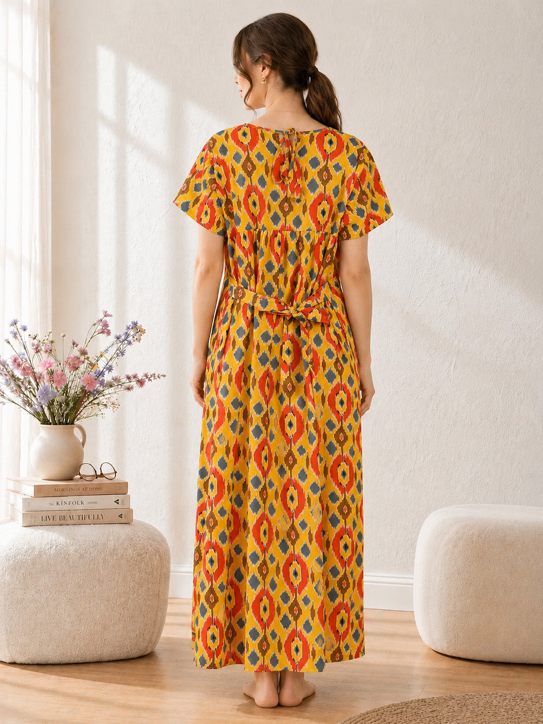 Geometric Print Yellow Cotton Maternity Nighty