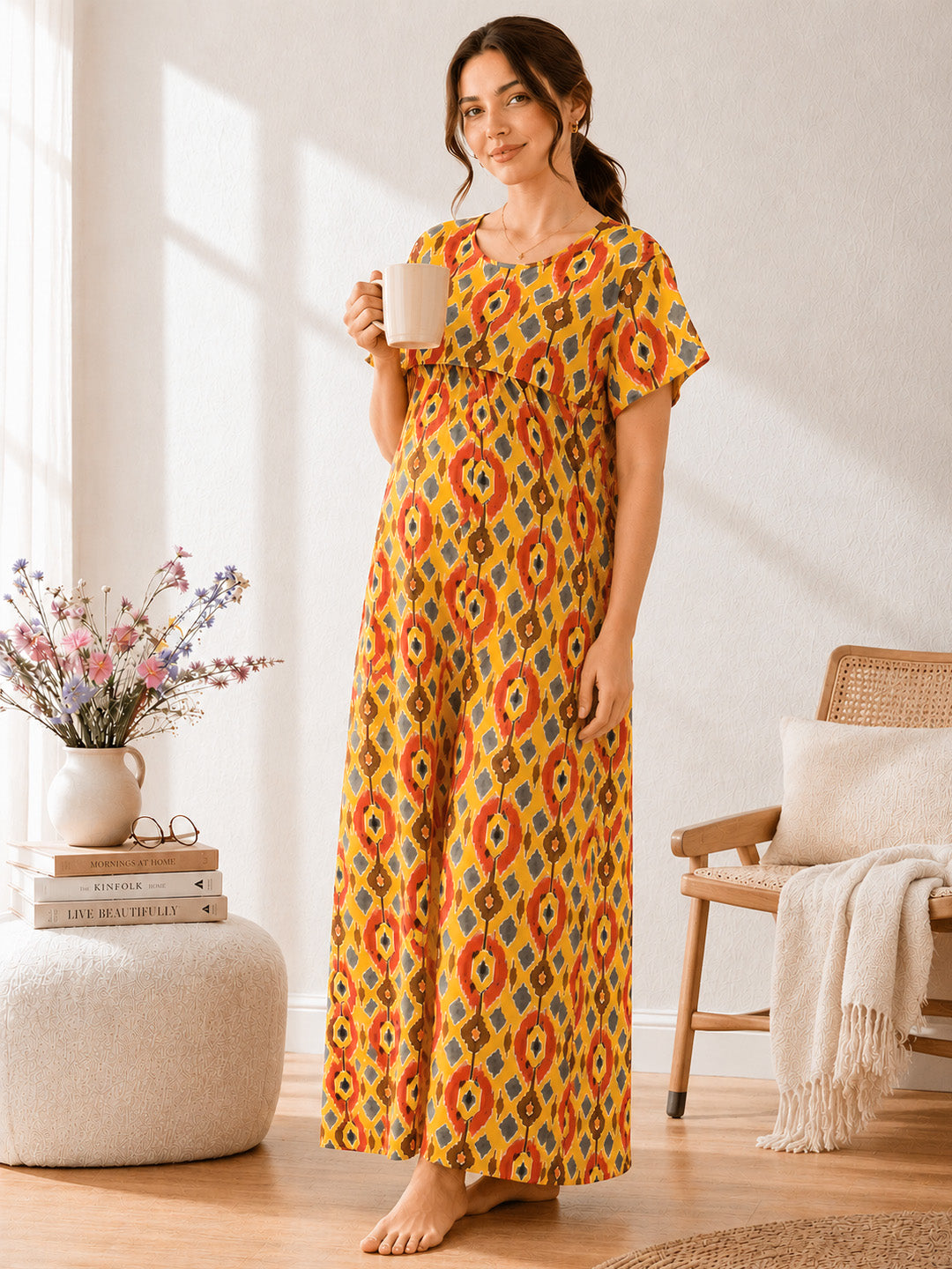 Geometric Print Yellow Cotton Maternity Nighty