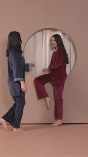 Maroon Solid Velvet Winter Night Suit