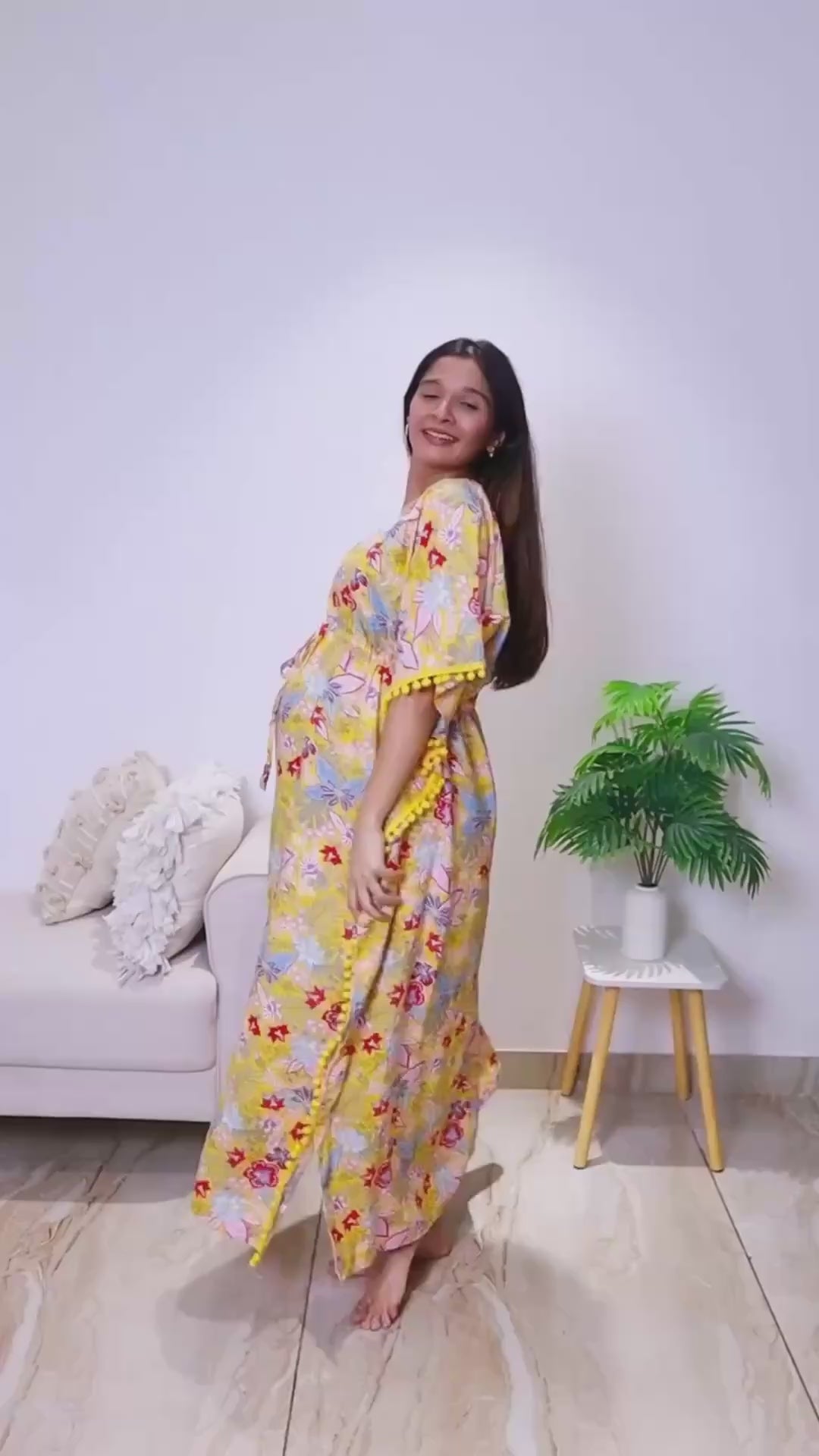 Yellow Floral Rayon Maternity Kaftan