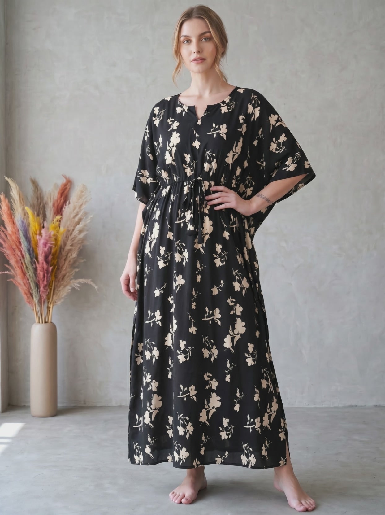 Black Floral Rayon Kaftan