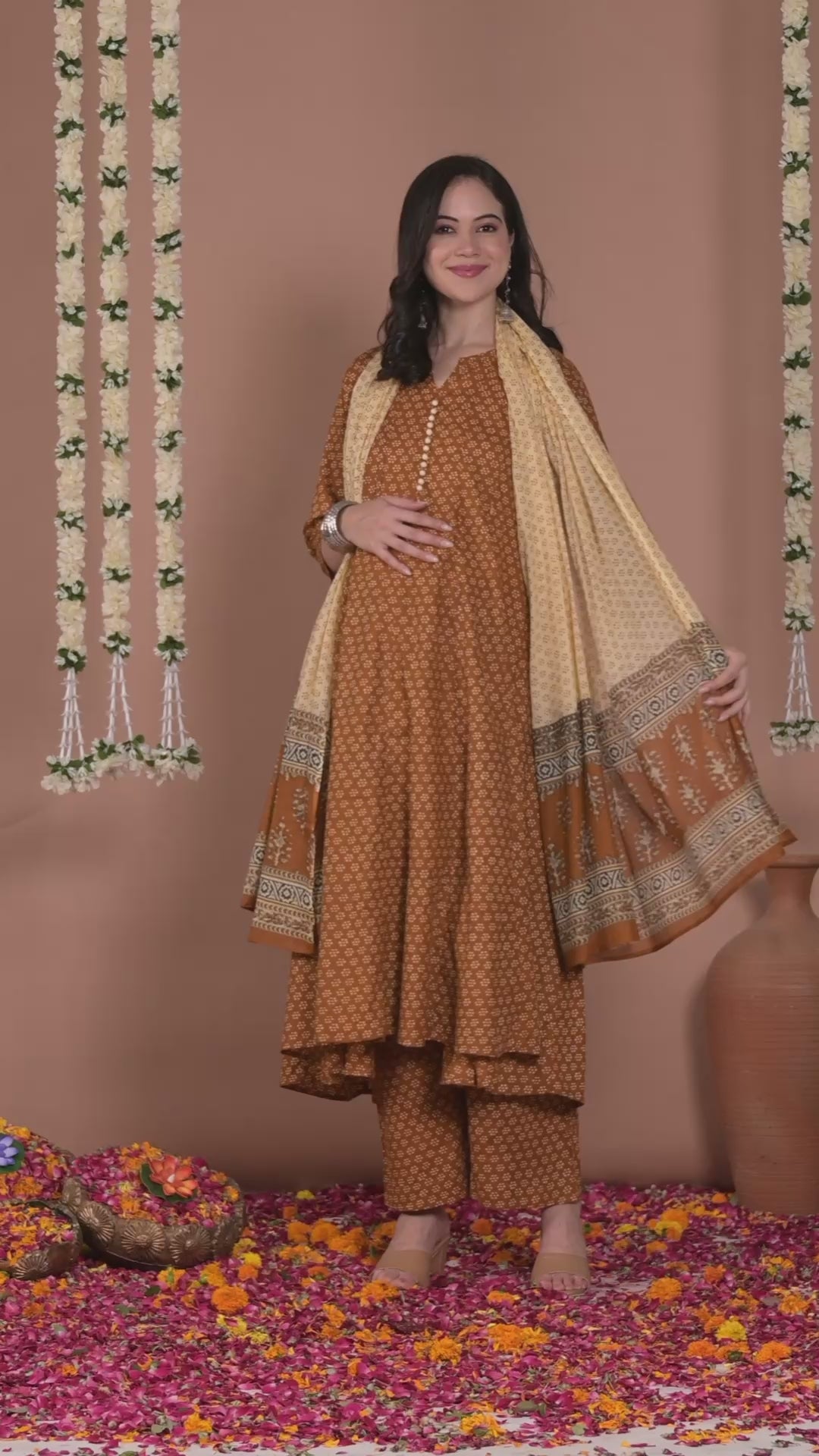 Mustard Floral Cotton Maternity Kurta with Trouser and Dupatta