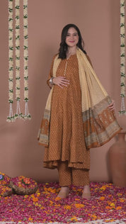 Mustard Floral Cotton Maternity Kurta with Trouser and Dupatta