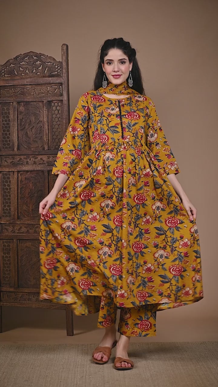 Musturd Yellow Floral Cotton Maternity Suit Sets With Dupatta